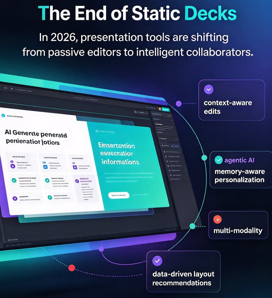 A modern presentation workspace showing AI-generated slides with a sidebar suggesting context-aware edits